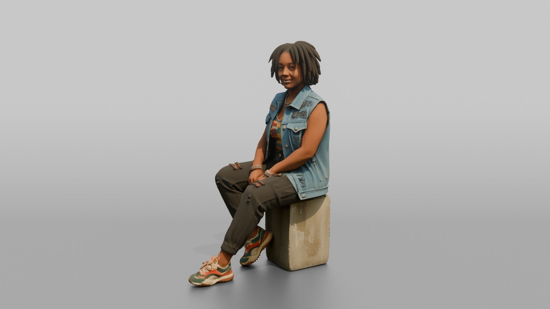 African Woman in Denim Vest Sitting on Concrete Block