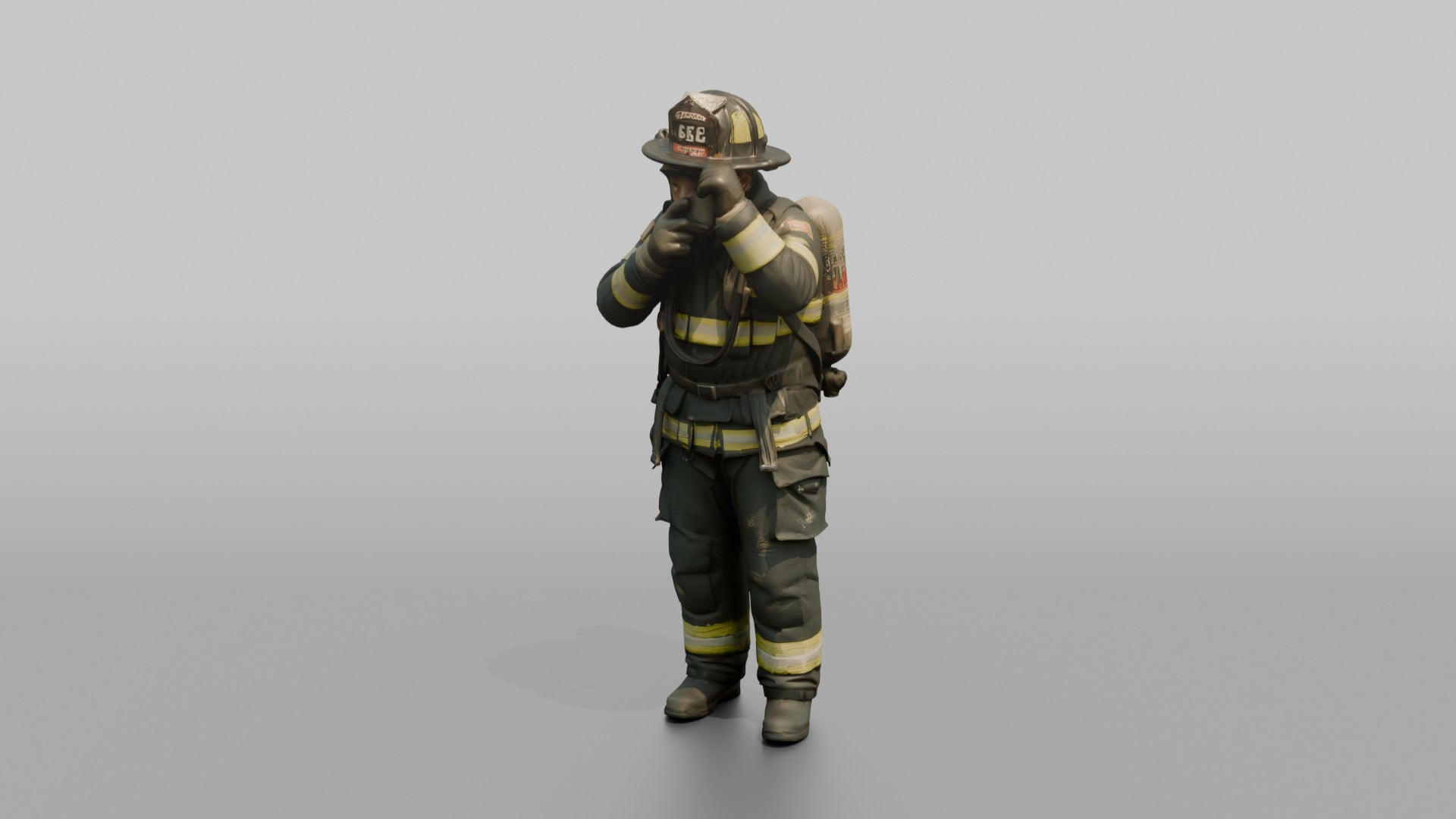 Firefighter Man Securing His Oxygen Mask Over His Face