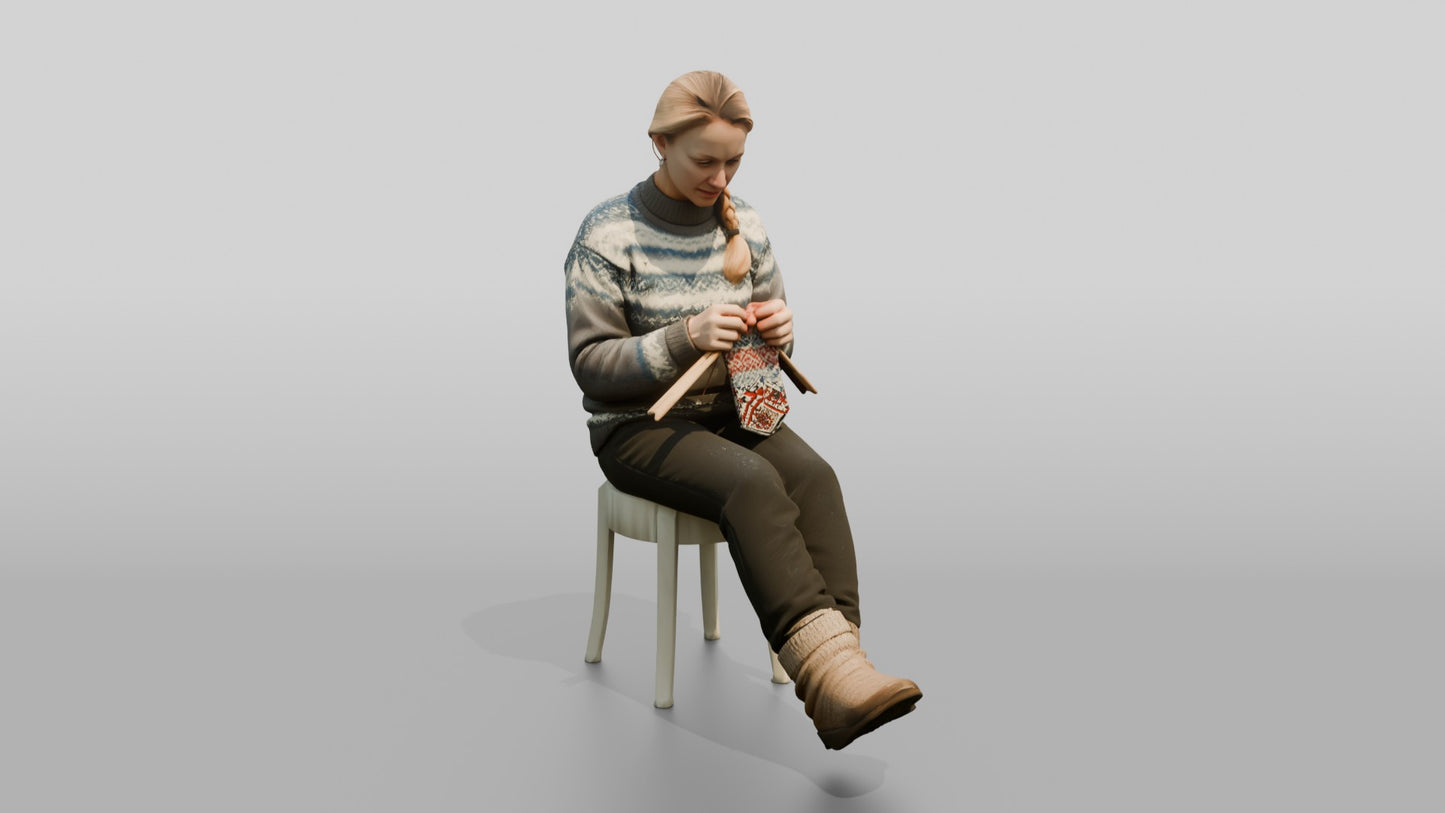 Norwegian Woman Knitting on a Snowy Bench