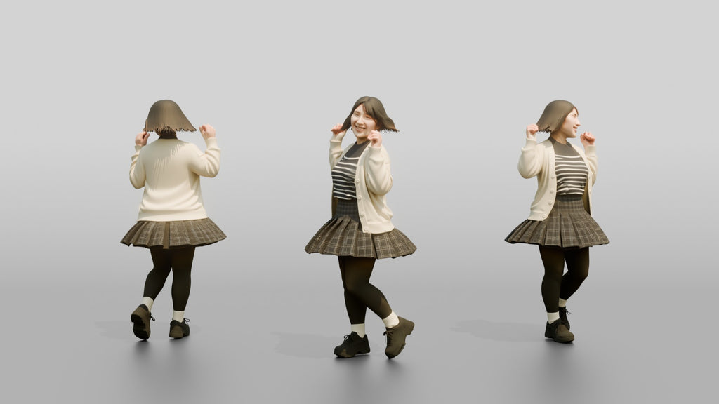 Asian Woman Spinning in Pleated Skirt