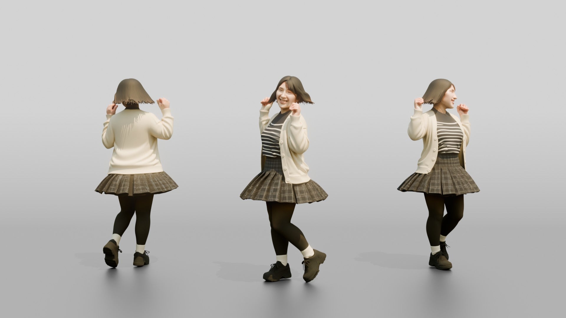 Asian Woman Spinning in Pleated Skirt