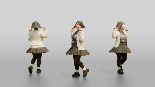 Asian Woman Spinning in Pleated Skirt