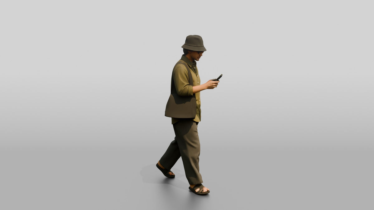 Man Checking Phone in Linen Shirt - 3D character model, view 2