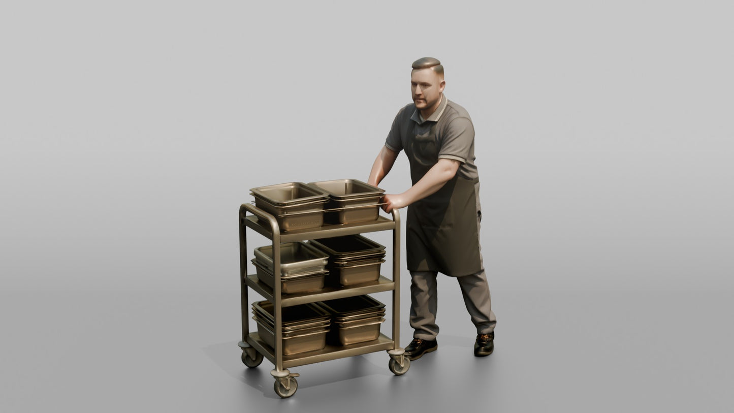 Mess Attendant Pushing a Food Trolley
