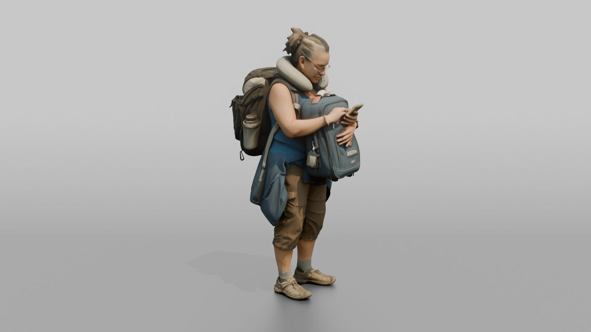 Traveler Hugging Her Carry-On Bag - 3D character model, view 1