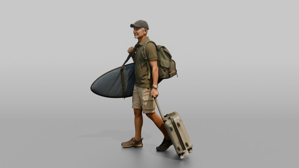 Traveler Carrying A Surfboard And Backpack
