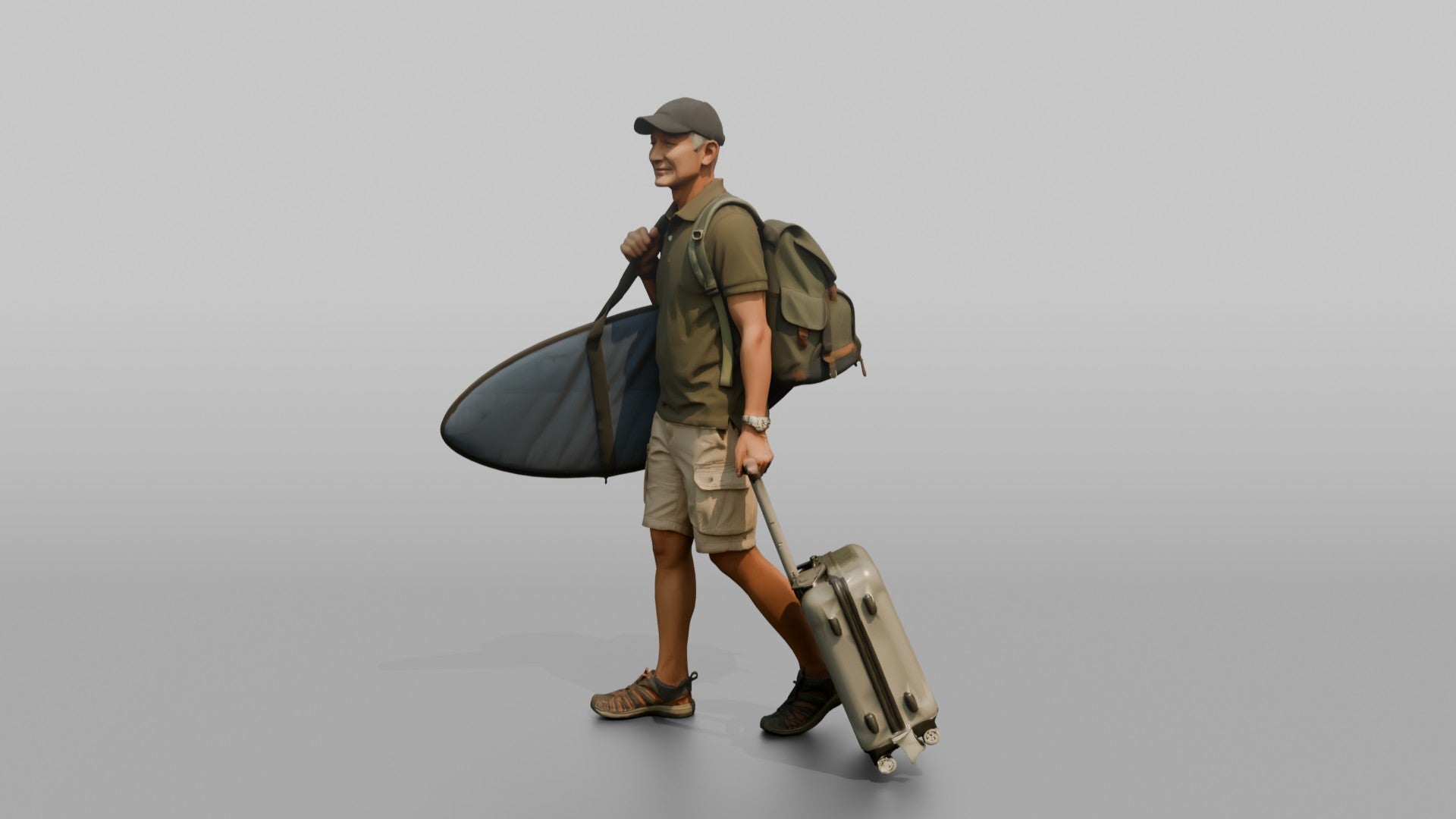 Traveler Carrying A Surfboard And Backpack