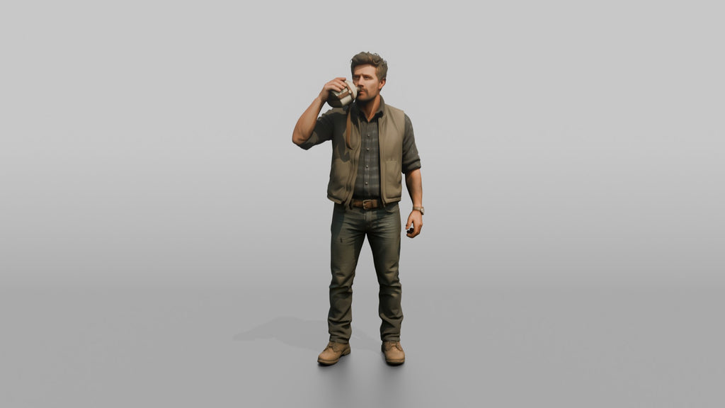 Farmer Taking Drink From Vintage Stainless Steel