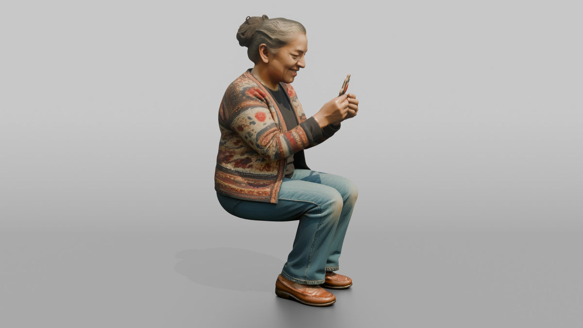 Grandmother Holding A Jigsaw Puzzle Piece, Examining It - 3D character model, view 2