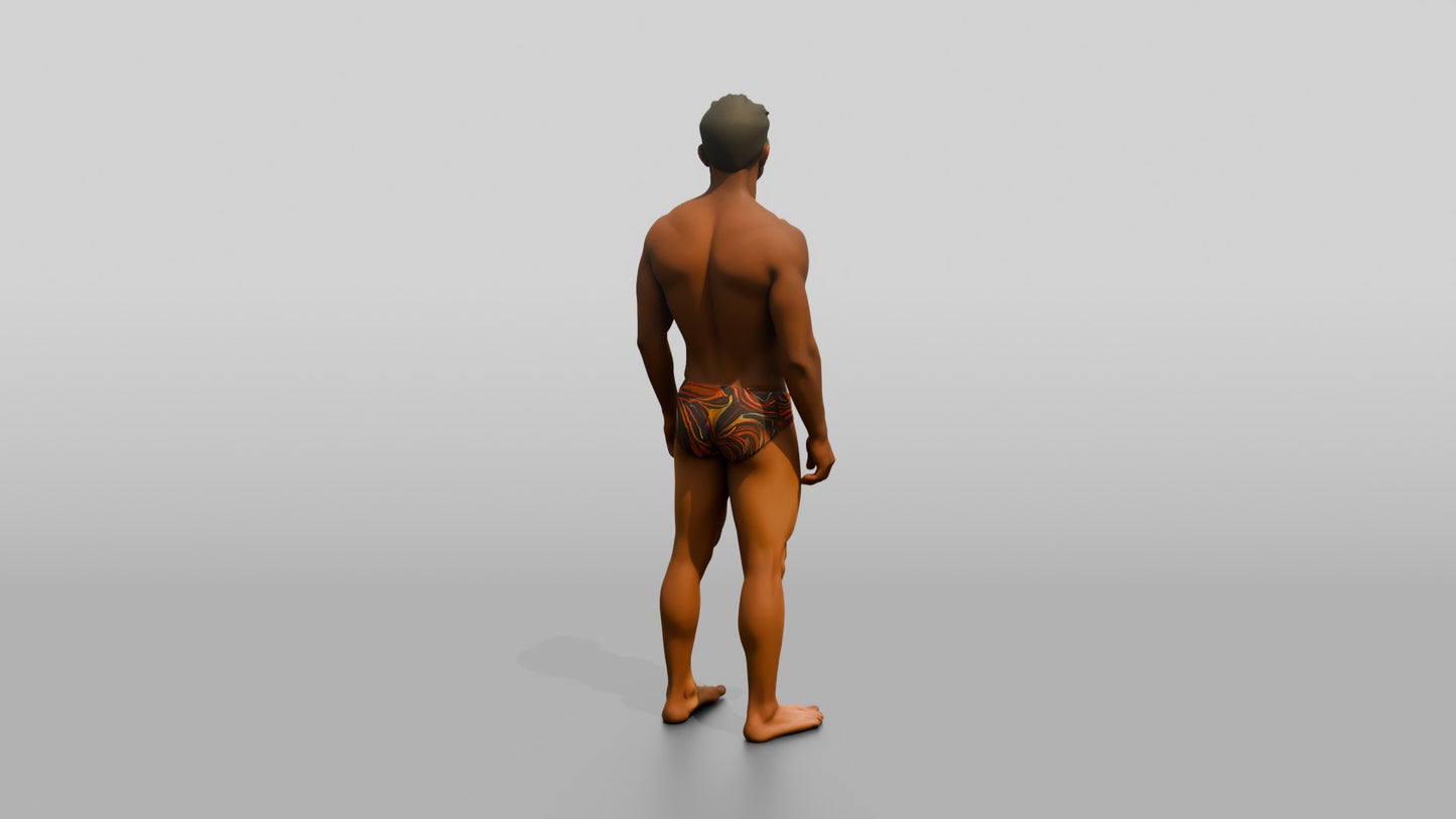 Latino Athlete in Orange Swim Brief Beach Pose
