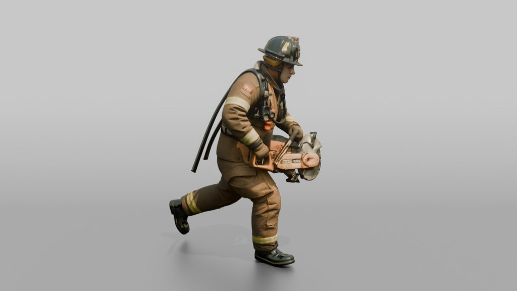 Firefighter Man Running Forward with a Rotary Rescue Saw