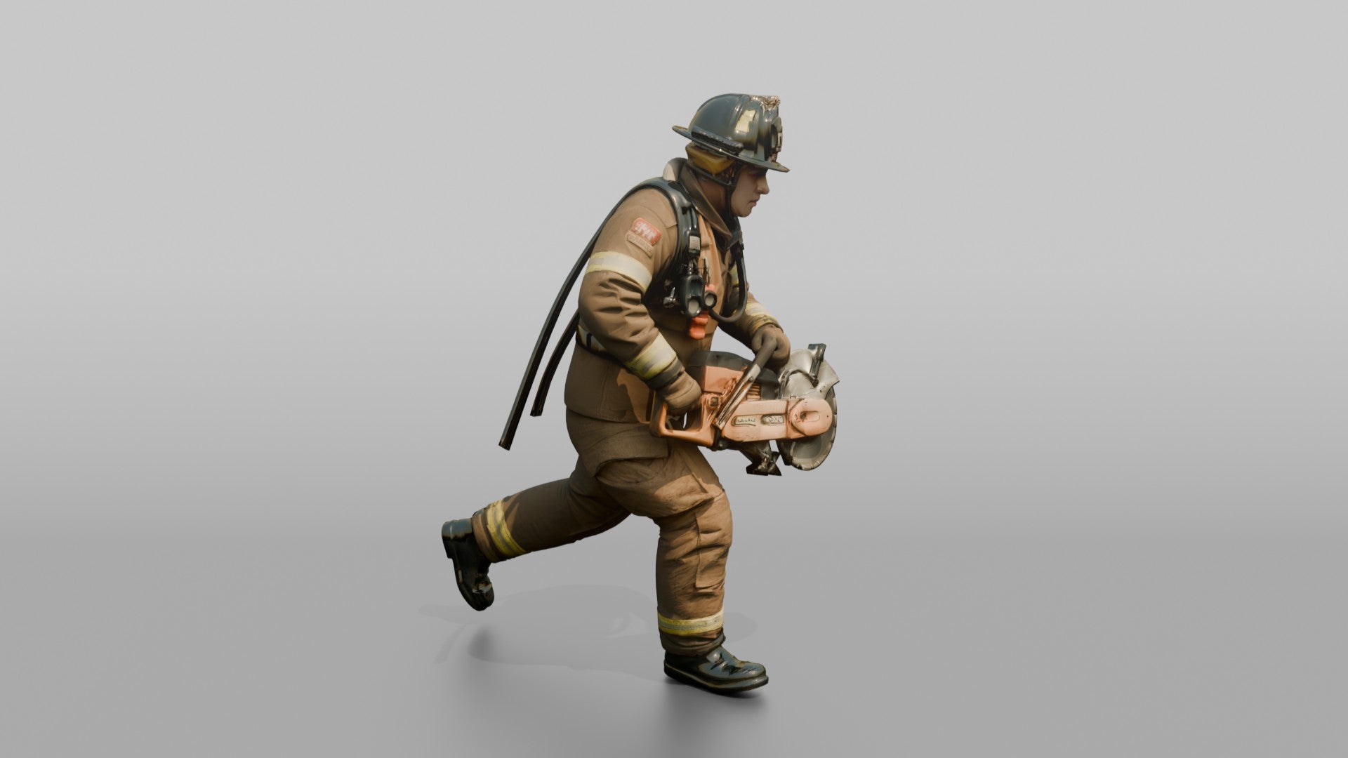 Firefighter Man Running Forward with a Rotary Rescue Saw