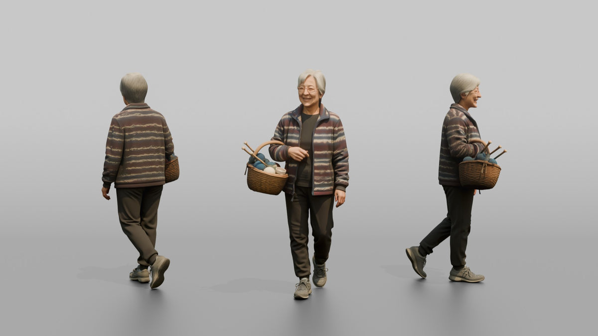Grandmother Carrying A Basket Of Yarn And Knitting Needles - 3D character model, view 1