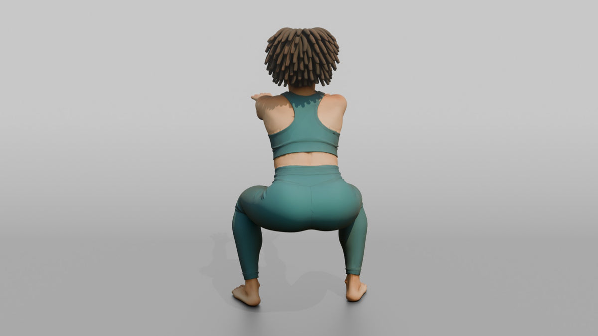 Fitness Influencer Woman Doing A Bodyweight Squat, Arms Extended Forward - 3D character model, view 3