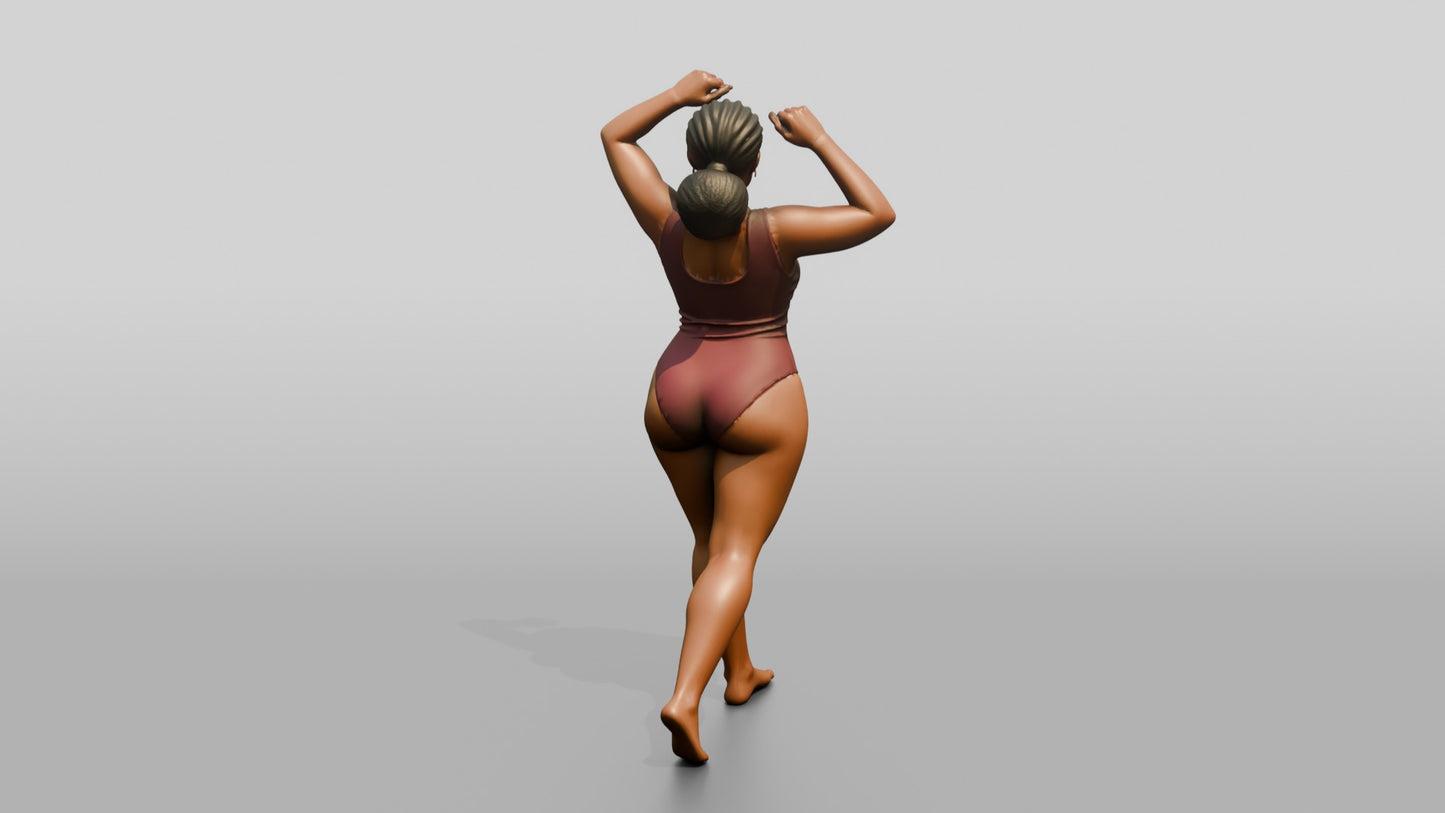 Curvy Woman in Rose Two-Piece Swimsuit Arms Raised