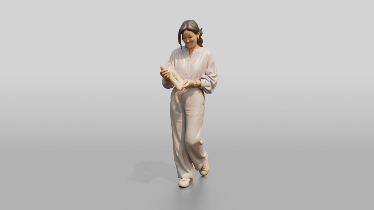 Pastel Blouse Woman Admiring Framed Art - 3D character model, view 4