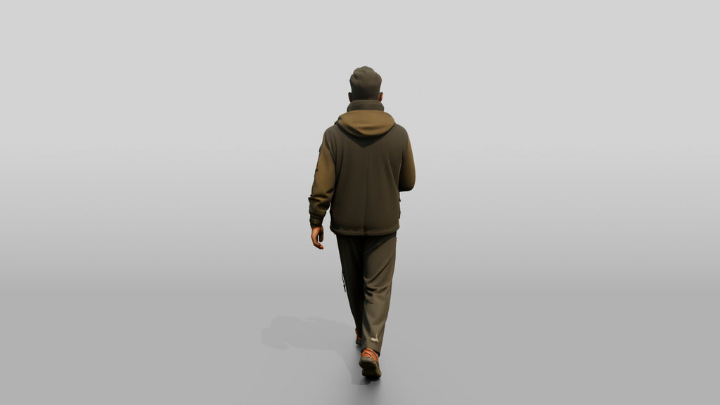 Techwear Man Walking in Layered Jacket