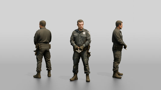 Caucasian Male Guard in a Navy Blue Tactical Uniform