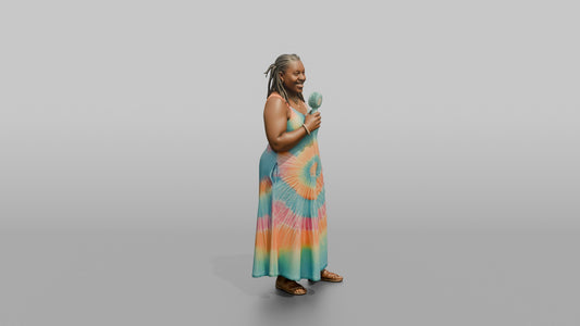 Vacationer Wearing Tie Dye Summer Maxi Dress - 3D character model, view 1