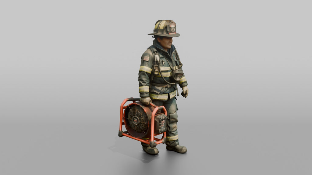 Firefighter Woman Carrying a Battery-powered Ventilation Fan