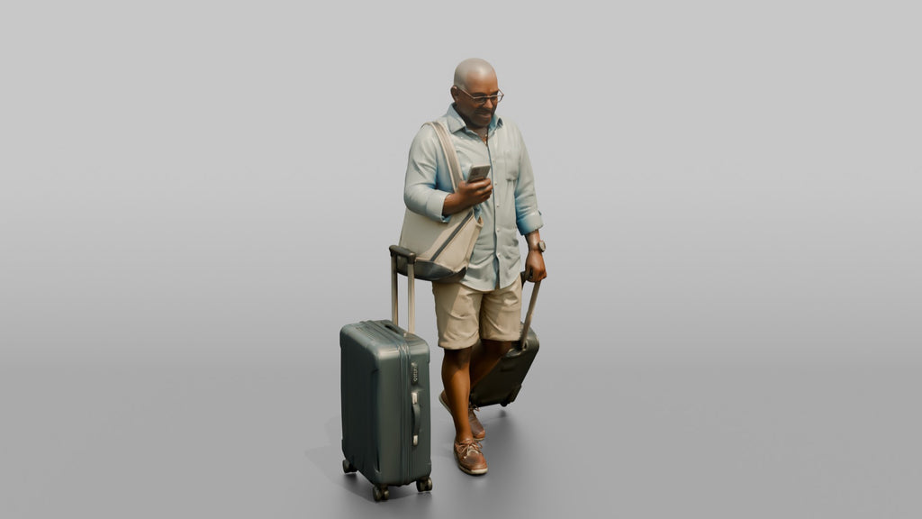 Traveler Wheeling A Suitcase And Texting