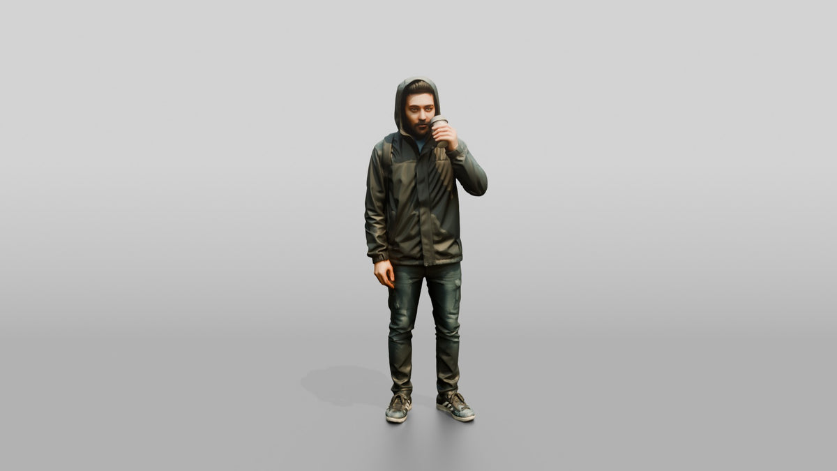Black Man in Hooded Jacket Drinking Coffee - 3D character model, view 5