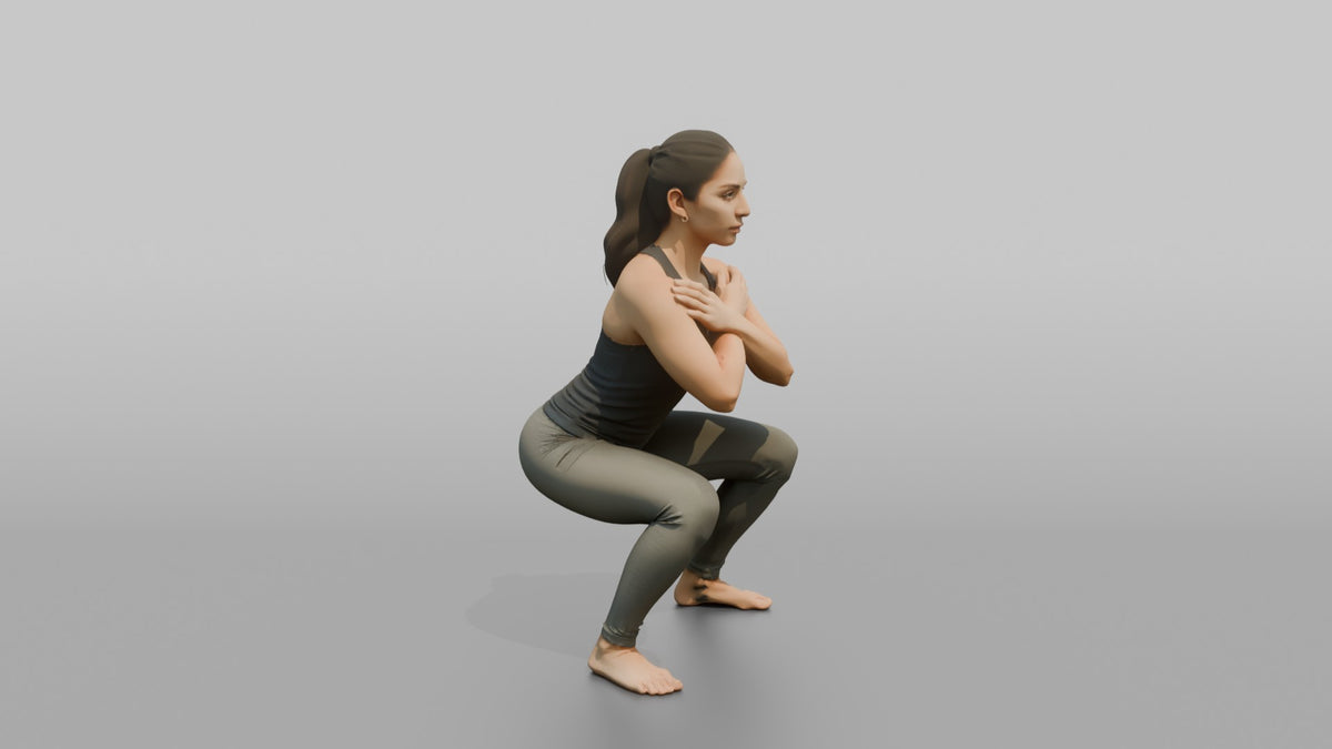 Bodyweight Athlete Woman Holding A Deep Squat Position, Arms Crossed - 3D character model, view 2
