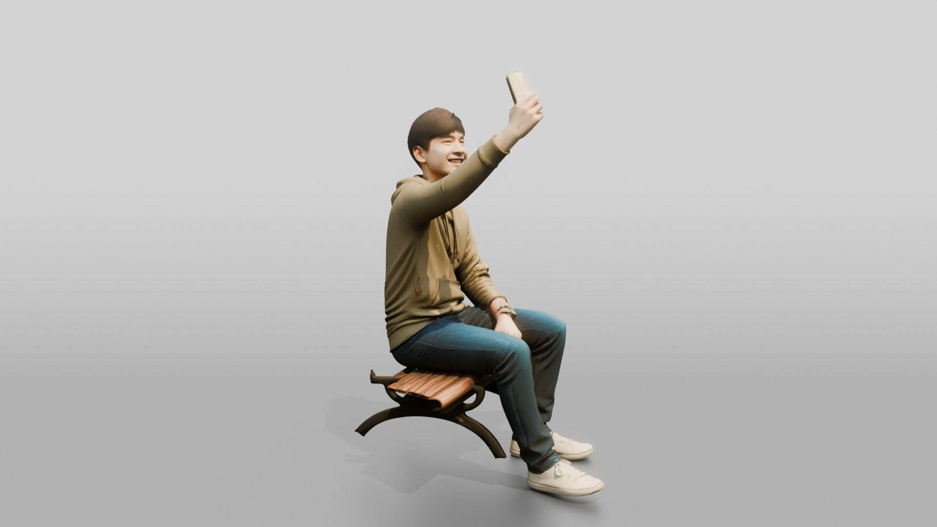Young Chinese Man Taking a Selfie on a Bench