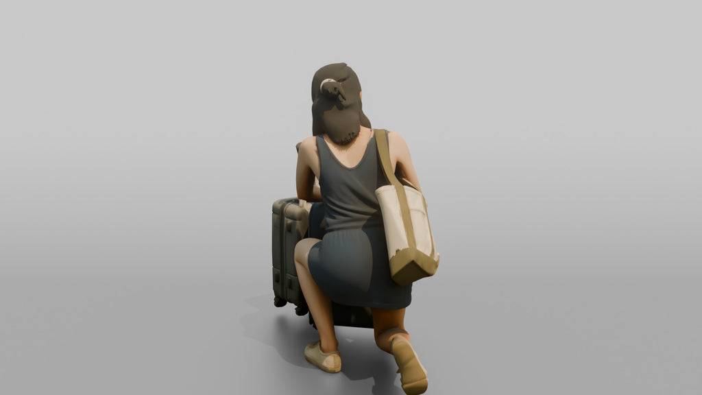 Traveler Kneeling To Zip Her Suitcase