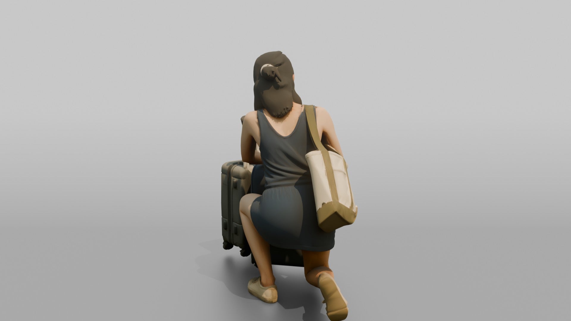 Traveler Kneeling To Zip Her Suitcase