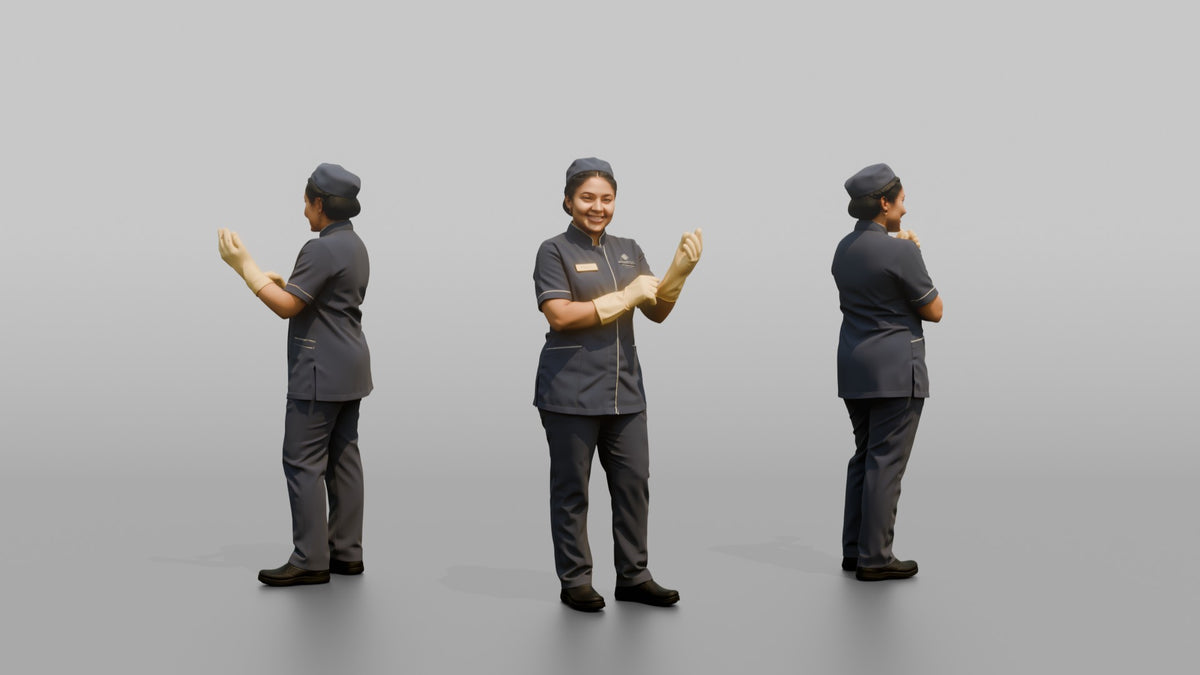 Housekeeping Staff Woman Adjusting Rubber Cleaning Gloves - 3D character model, view 1