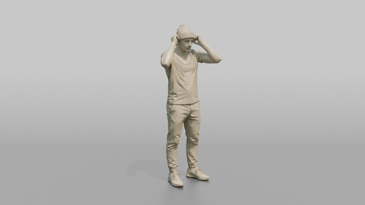 Man Customer Trying On A Beanie Hat - wireframe topology preview