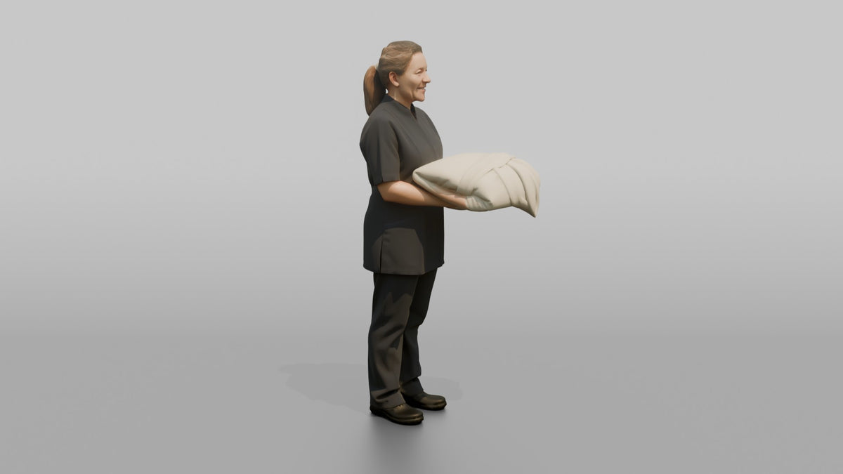 Housekeeping Staff Woman Holding A Folded Bathrobe - 3D character model, view 2