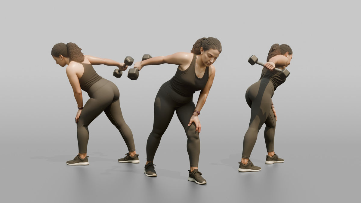 Weightlifter Woman Performing A Tricep Kickback With A Dumbbell - 3D character model, view 1