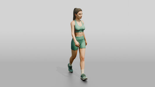 Woman with Ponytail in Green Activewear Walking - 3D character model, view 1