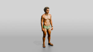 Mestizo Man in Yellow Patterned Swim Brief Pose - 3D character model, view 1