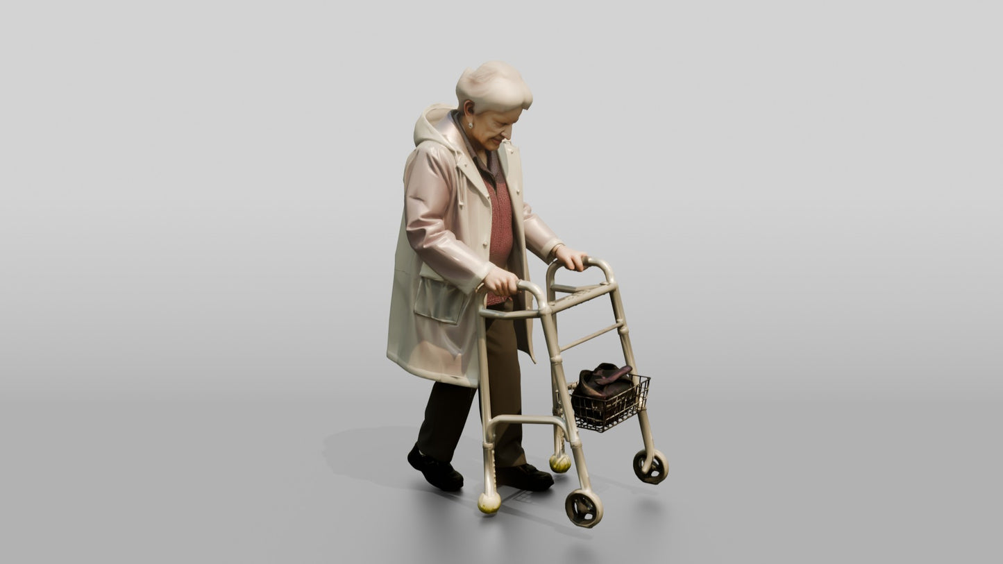 Elderly White Woman in Clear Raincoat with Walker