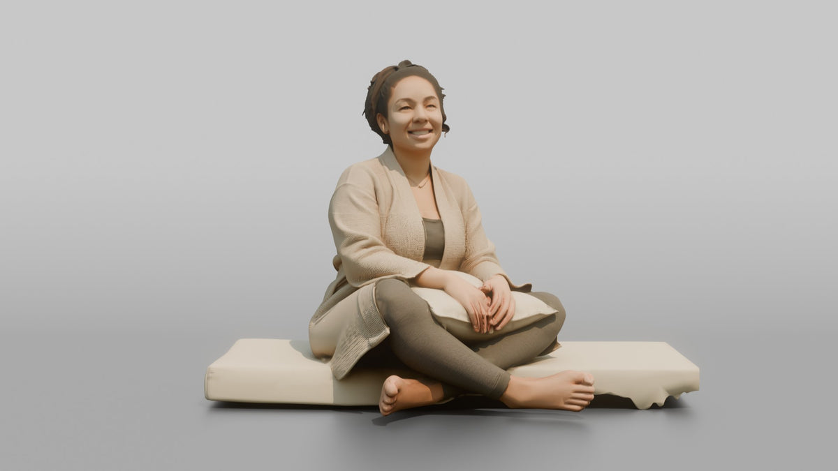 Spa Client Woman Sitting On A Daybed, Legs Crossed, Holding A Small Pillow - 3D character model, view 5