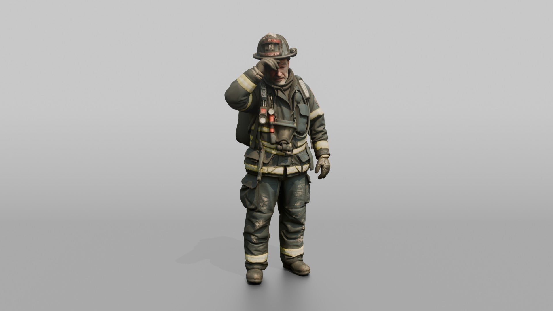 Firefighter Man Wiping Soot Off His Forehead with a Gloved Hand
