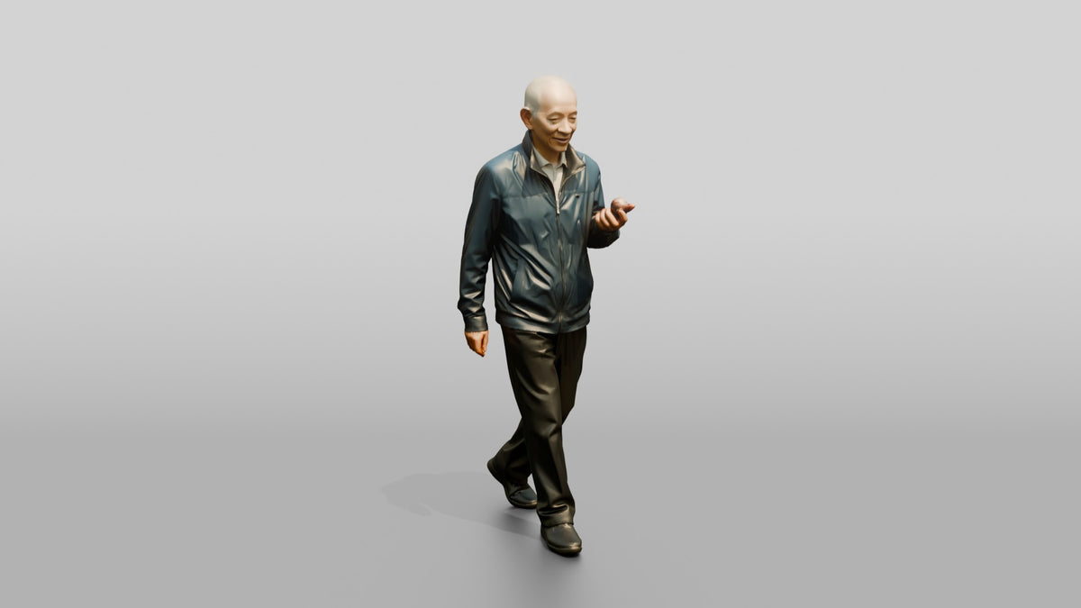 Elderly Chinese Man Walking with Hand Exercise Balls - 3D character model, view 1