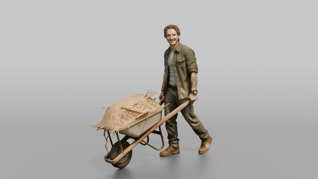 Farmer Pushing Wheelbarrow Overflowing Fresh Straw