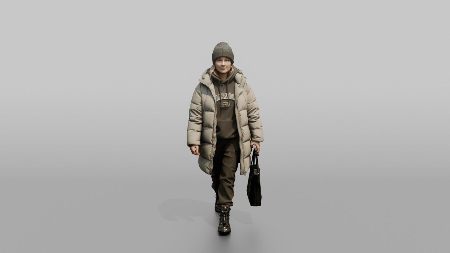 Scandinavian Woman Walking in an Oversized Puffer Coat
