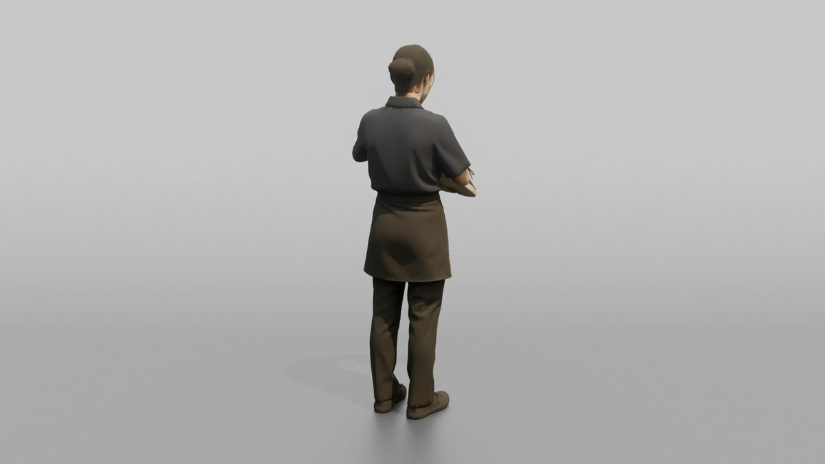 Woman Shop Assistant Arranging A Pair Of Shoes In Her Hands - 3D character model, view 3