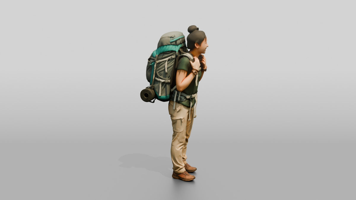 Young Woman Hiker with Large Teal Trekking Backpack Smiling - 3D character model, view 2