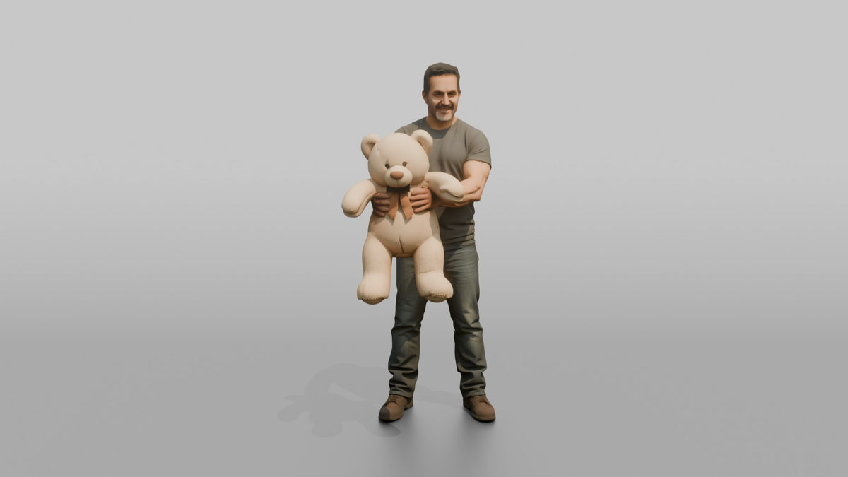 Father Holding A Large Teddy Bear Out In Front Of Him With Both Hands - 3D character model, view 5