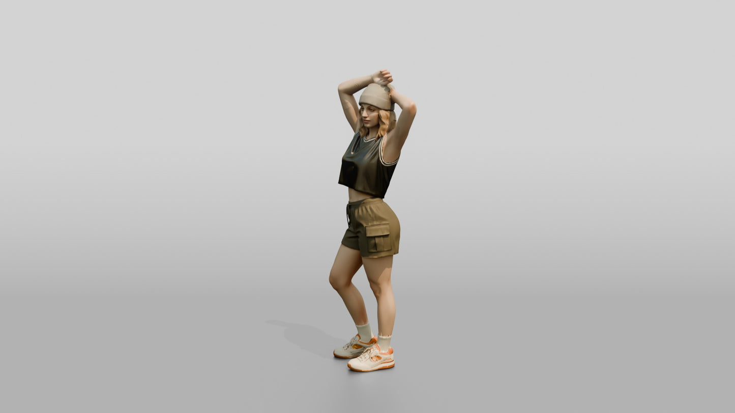 Woman Stretching Arms Overhead in Olive Cargo Shorts