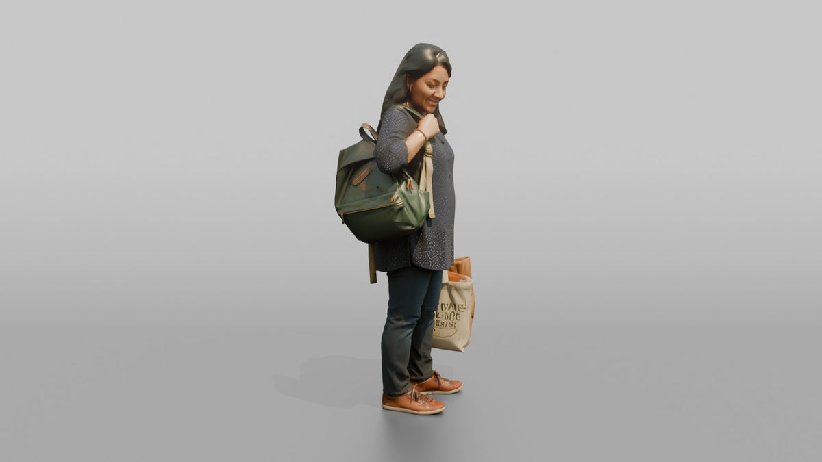 Woman Customer Adjusting Her Backpack Strap While Carrying Two Shopping Bags - 3D character model, view 2