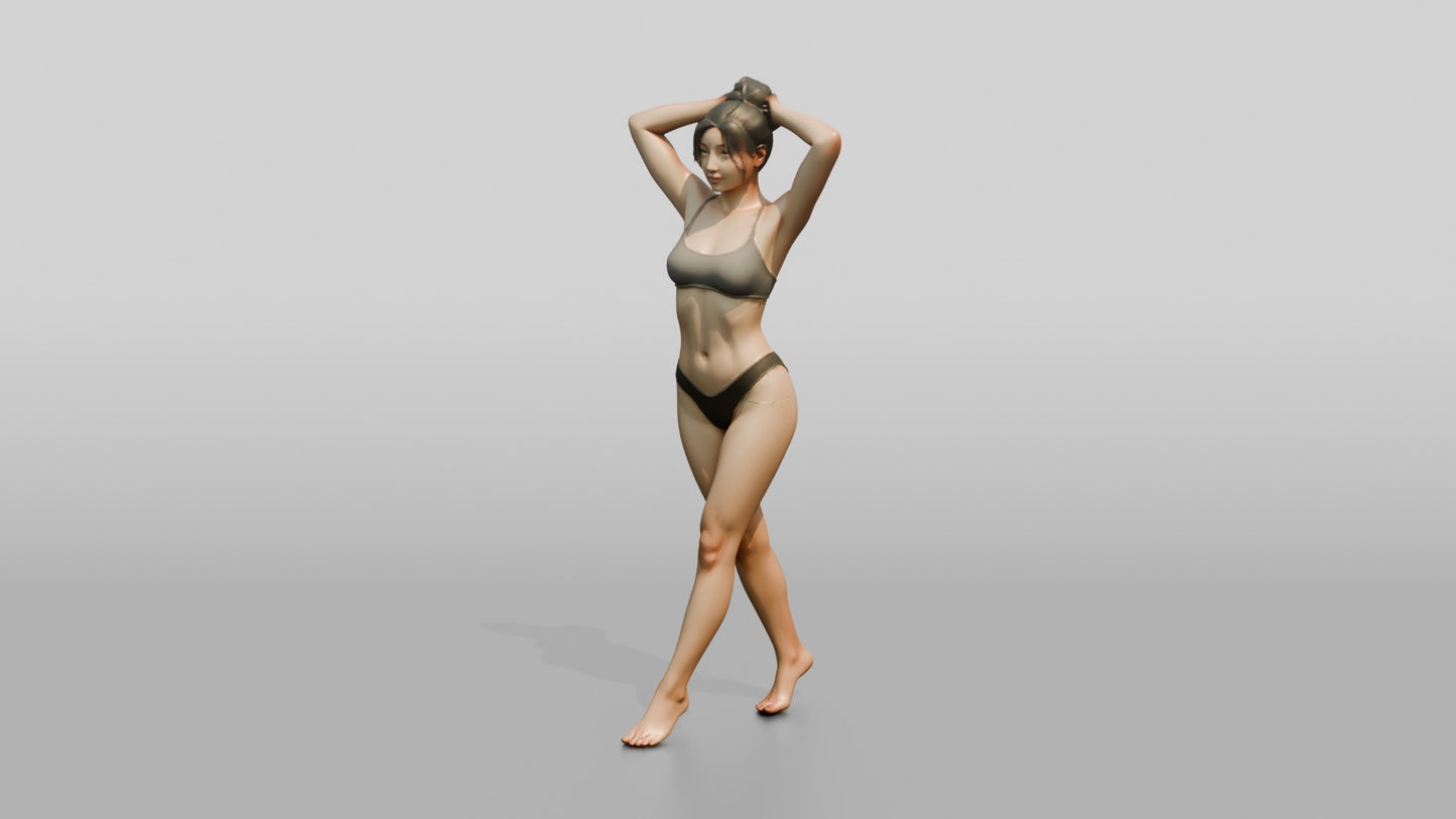 Woman in Olive Two-Piece Swimsuit Arms Raised