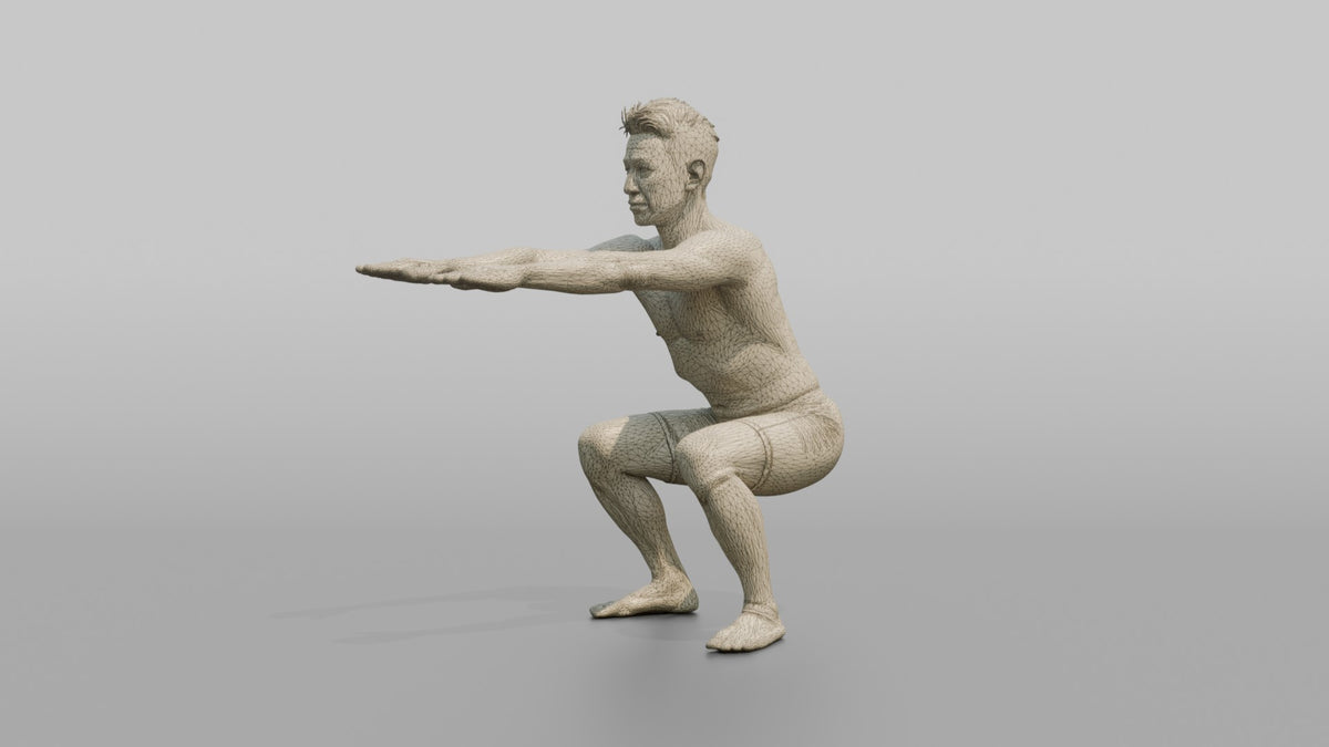 Bodyweight Athlete Man Doing A Bodyweight Squat, Arms Extended Forward - wireframe topology preview