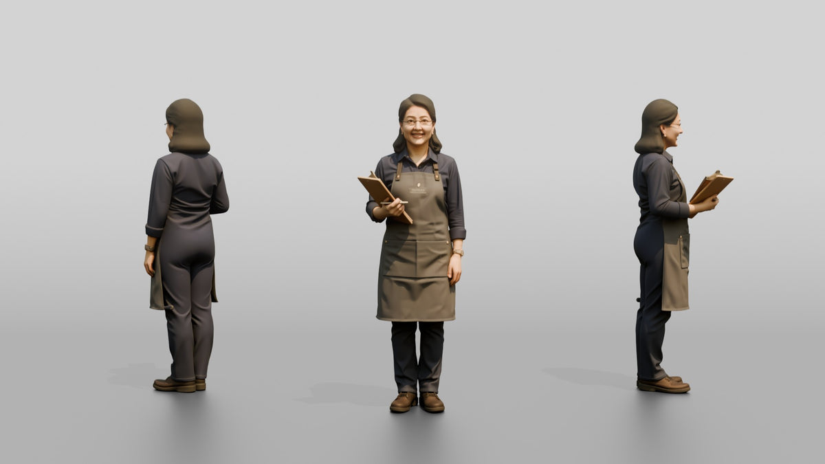 East Asian Woman Cafe Manager in Apron - 3D character model
